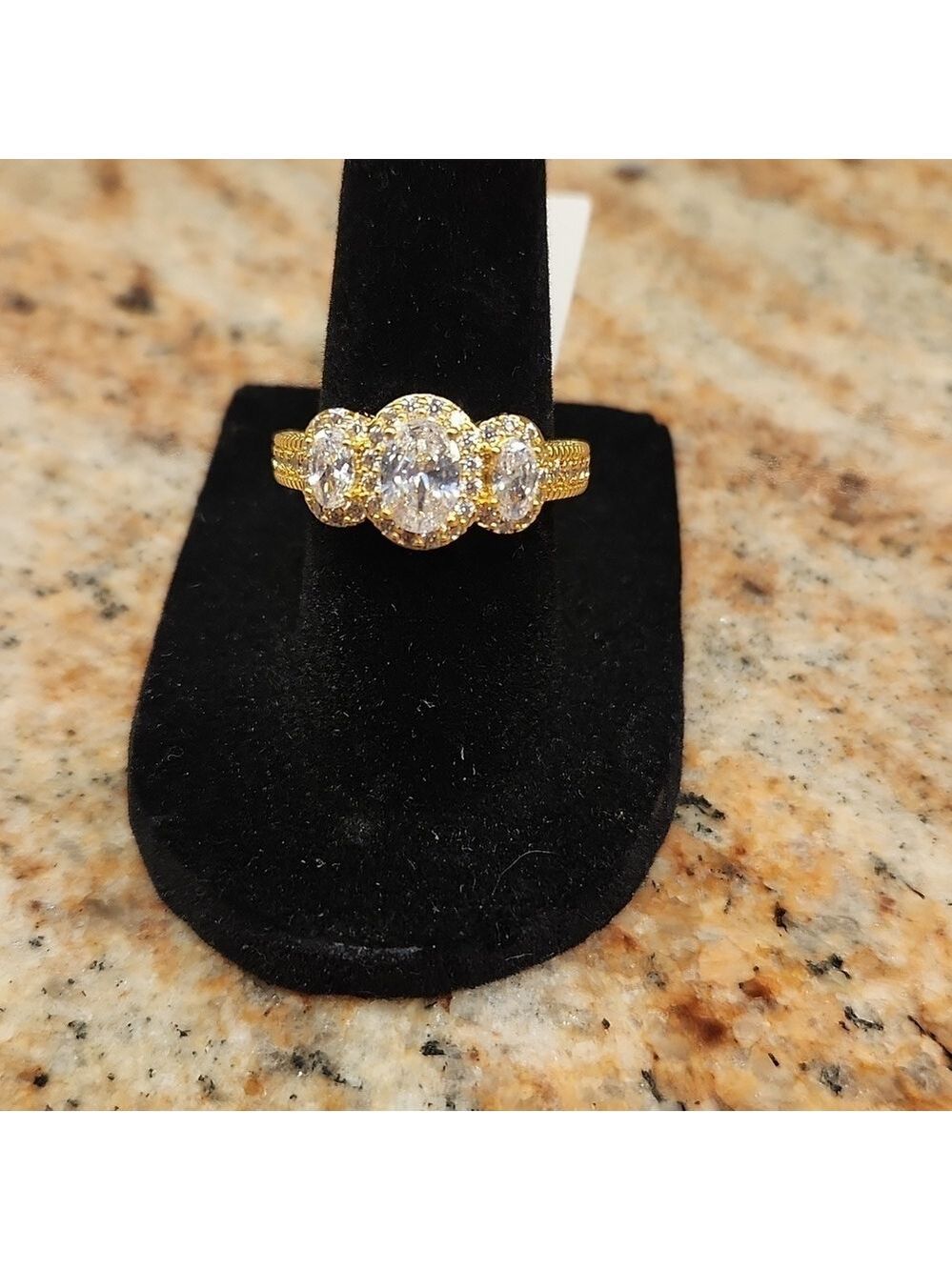 18K Gold Plated 3-Stone Simulated Diamond Halo Ring, 1.65 Ct, NEW - Picture 6 of 6